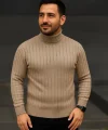 Erkek Balıkcı Yaka Bağazlı Triko Kazak Pamuklu Kalın Fitilli Dokuma, Regular Fit Uzun Kollu Kışlık Model - Bej