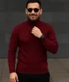 Erkek Balıkcı Yaka Bağazlı Triko Kazak Pamuklu Kalın Fitilli Dokuma, Regular Fit Uzun Kollu Kışlık Model - Bordo