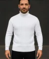 Erkek Balıkcı Yaka Bağazlı Triko Kazak Pamuklu Kalın Fitilli Dokuma, Regular Fit Uzun Kollu Kışlık Model - Beyaz