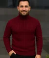Erkek Balıkcı Yaka Bağazlı Triko Kazak Pamuklu Kalın Fitilli Dokuma, Regular Fit Uzun Kollu Kışlık Model - Bordo