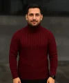 Erkek Balıkcı Yaka Bağazlı Triko Kazak Pamuklu Kalın Fitilli Dokuma, Regular Fit Uzun Kollu Kışlık Model - Bordo