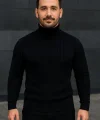 Erkek Balıkcı Yaka Bağazlı Triko Kazak Pamuklu Kalın Fitilli Dokuma, Regular Fit Uzun Kollu Kışlık Model - Siyah