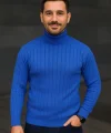 Erkek Balıkcı Yaka Bağazlı Triko Kazak Pamuklu Kalın Fitilli Dokuma, Regular Fit Uzun Kollu Kışlık Model - Saks Mavisi