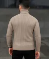 Erkek Balıkcı Yaka Bağazlı Triko Kazak Pamuklu Kalın Fitilli Dokuma, Regular Fit Uzun Kollu Kışlık Model - Bej