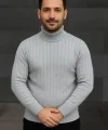 Erkek Balıkcı Yaka Bağazlı Triko Kazak Pamuklu Kalın Fitilli Dokuma, Regular Fit Uzun Kollu Kışlık Model - Gri