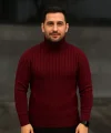 Erkek Balıkcı Yaka Bağazlı Triko Kazak Pamuklu Kalın Fitilli Dokuma, Regular Fit Uzun Kollu Kışlık Model - Bordo