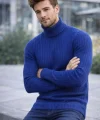 Erkek Balıkcı Yaka Bağazlı Triko Kazak Pamuklu Kalın Fitilli Dokuma, Regular Fit Uzun Kollu Kışlık Model - İndigo