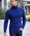 Erkek Balıkcı Yaka Bağazlı Triko Kazak Pamuklu Kalın Fitilli Dokuma, Regular Fit Uzun Kollu Kışlık Model - İndigo