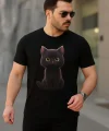 Erkek Bisiklet Yaka Kedi Baskılı Süprem T-shirt