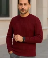 Erkek Bisiklet Yuvarlak Yaka Triko Kazak Pamuklu Kalın Fitilli Dokuma, Regular Fit Uzun Kollu Kışlık Model - Bordo