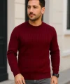 Erkek Bisiklet Yuvarlak Yaka Triko Kazak Pamuklu Kalın Fitilli Dokuma, Regular Fit Uzun Kollu Kışlık Model - Bordo