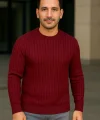 Erkek Bisiklet Yuvarlak Yaka Triko Kazak Pamuklu Kalın Fitilli Dokuma, Regular Fit Uzun Kollu Kışlık Model - Bordo