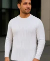 Erkek Bisiklet Yuvarlak Yaka Triko Kazak Pamuklu Kalın Fitilli Dokuma, Regular Fit Uzun Kollu Kışlık Model - Beyaz