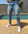 Erkek Buz Mavi Boyfriend Yırtık Detaylı Jean