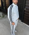 Erkek Çift Şeritli Eşofman Takım Dik Yaka Fermuarlı Sweatshirt Boru Paça Alt, Oversize 3 Iplik Pamuklu - Beyaz