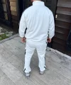 Erkek Çift Şeritli Eşofman Takım Dik Yaka Fermuarlı Sweatshirt Boru Paça Alt, Oversize 3 Iplik Pamuklu - Beyaz