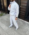 Erkek Çift Şeritli Eşofman Takım Dik Yaka Fermuarlı Sweatshirt Boru Paça Alt, Oversize 3 iplik Pamuklu - Gri