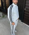 Erkek Çift Şeritli Eşofman Takım Dik Yaka Fermuarlı Sweatshirt Boru Paça Alt, Oversize 3 iplik Pamuklu - Beyaz