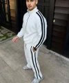 Erkek Çift Şeritli Eşofman Takım Dik Yaka Fermuarlı Sweatshirt Boru Paça Alt, Oversize 3 Iplik Pamuklu - Beyaz