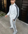 Erkek Çift Şeritli Eşofman Takım Dik Yaka Fermuarlı Sweatshirt Boru Paça Alt, Oversize 3 iplik Pamuklu - Beyaz