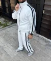 Erkek Çift Şeritli Eşofman Takım Dik Yaka Fermuarlı Sweatshirt Boru Paça Alt, Oversize 3 iplik Pamuklu - Beyaz