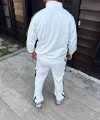 Erkek Çift Şeritli Eşofman Takım Dik Yaka Fermuarlı Sweatshirt Boru Paça Alt, Oversize 3 iplik Pamuklu - Beyaz