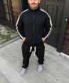 Erkek Çift Şeritli Eşofman Takım Dik Yaka Fermuarlı Sweatshirt Boru Paça Alt, Oversize 3 Iplik Pamuklu - Siyah
