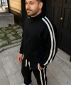 Erkek Çift Şeritli Eşofman Takım Dik Yaka Fermuarlı Sweatshirt Boru Paça Alt, Oversize 3 iplik Pamuklu - Siyah