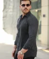 Erkek çizgi Desenli Uzun Kollu Pamuklu Keten Gömlek