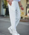 Erkek Cizgili Dokuma Krep Jogger Buggy Pantalon Rahat Kalıp - Beyaz