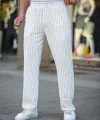 Erkek Cizgili Dokuma Krep Jogger Buggy Pantalon Rahat kalıp - Beyaz