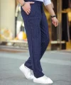 Erkek Cizgili Dokuma Krep Jogger Buggy Pantalon Rahat Kalıp - Lacivert