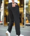 Erkek Cizgili Dokuma Krep Jogger Buggy Pantalon Rahat Kalıp - Siyah