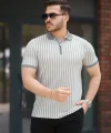 Erkek çizgili Fermuar Yakalı Kısa Kollu Tişört