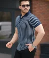 Erkek çizgili Fermuar Yakalı Kısa Kollu Tişört