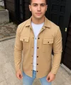 Erkek Diagonal Kumaş Cepli Çıtçıtlı uzun Kollu, Gömlek Oversize Rahat Kalıp Günlük Şık Stil - Bej
