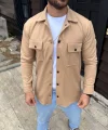 Erkek Diagonal Kumaş Cepli Çıtçıtlı Uzun Kollu, Gömlek Oversize Rahat Kalıp Günlük Şık Stil - Bej