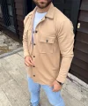 Erkek Diagonal Kumaş Cepli Çıtçıtlı Uzun Kollu, Gömlek Oversize Rahat Kalıp Günlük Şık Stil - Bej