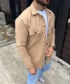 Erkek Diagonal Kumaş Cepli Çıtçıtlı uzun Kollu, Gömlek Oversize Rahat Kalıp Günlük Şık Stil - Bej