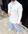 Erkek Diagonal Kumaş Cepli Çıtçıtlı uzun Kollu, Gömlek Oversize Rahat Kalıp Günlük Şık Stil - Beyaz