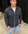 Erkek Diagonal Kumaş Cepli Çıtçıtlı uzun Kollu, Gömlek Oversize Rahat Kalıp Günlük Şık Stil - Füme
