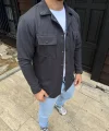 Erkek Diagonal Kumaş Cepli Çıtçıtlı Uzun Kollu, Gömlek Oversize Rahat Kalıp Günlük Şık Stil - Füme