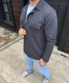 Erkek Diagonal Kumaş Cepli Çıtçıtlı Uzun Kollu, Gömlek Oversize Rahat Kalıp Günlük Şık Stil - Füme