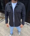 Erkek Diagonal Kumaş Cepli Çıtçıtlı uzun Kollu, Gömlek Oversize Rahat Kalıp Günlük Şık Stil - Füme