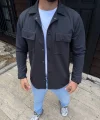 Erkek Diagonal Kumaş Cepli Çıtçıtlı Uzun Kollu, Gömlek Oversize Rahat Kalıp Günlük Şık Stil - Füme
