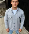 Erkek Diagonal Kumaş Cepli Çıtçıtlı Uzun Kollu, Gömlek Oversize Rahat Kalıp Günlük Şık Stil - Gri