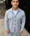 Erkek Diagonal Kumaş Cepli Çıtçıtlı uzun Kollu, Gömlek Oversize Rahat Kalıp Günlük Şık Stil - Gri