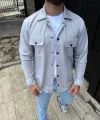 Erkek Diagonal Kumaş Cepli Çıtçıtlı uzun Kollu, Gömlek Oversize Rahat Kalıp Günlük Şık Stil - Gri