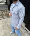 Erkek Diagonal Kumaş Cepli Çıtçıtlı uzun Kollu, Gömlek Oversize Rahat Kalıp Günlük Şık Stil - Gri