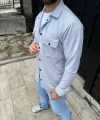 Erkek Diagonal Kumaş Cepli Çıtçıtlı Uzun Kollu, Gömlek Oversize Rahat Kalıp Günlük Şık Stil - Gri